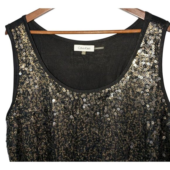 Calvin Klein Womens Black Gold Sequin Top 1X Scoop Neck Sleeveless Partywear - Picture 2 of 7